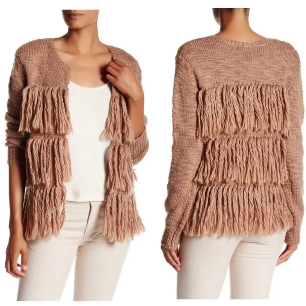 Trina Turk Wool Fringe Cardigan Jacket Boho Western Brown Tan Knit Sweater S
